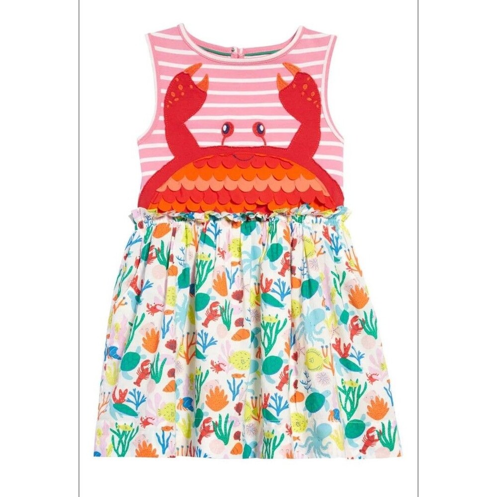 MINI BODEN girls Kids' Appliqué Stripe Dress In Boto Pink Ivory Crab size 6/7